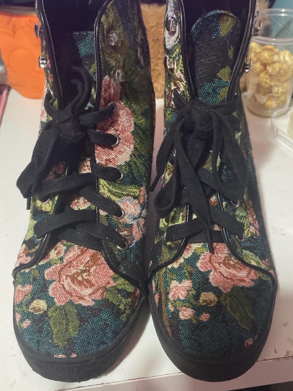 Steve Madden Black Floral Lace-Up Block Heel Ankle Boots - Picture 2 of 5